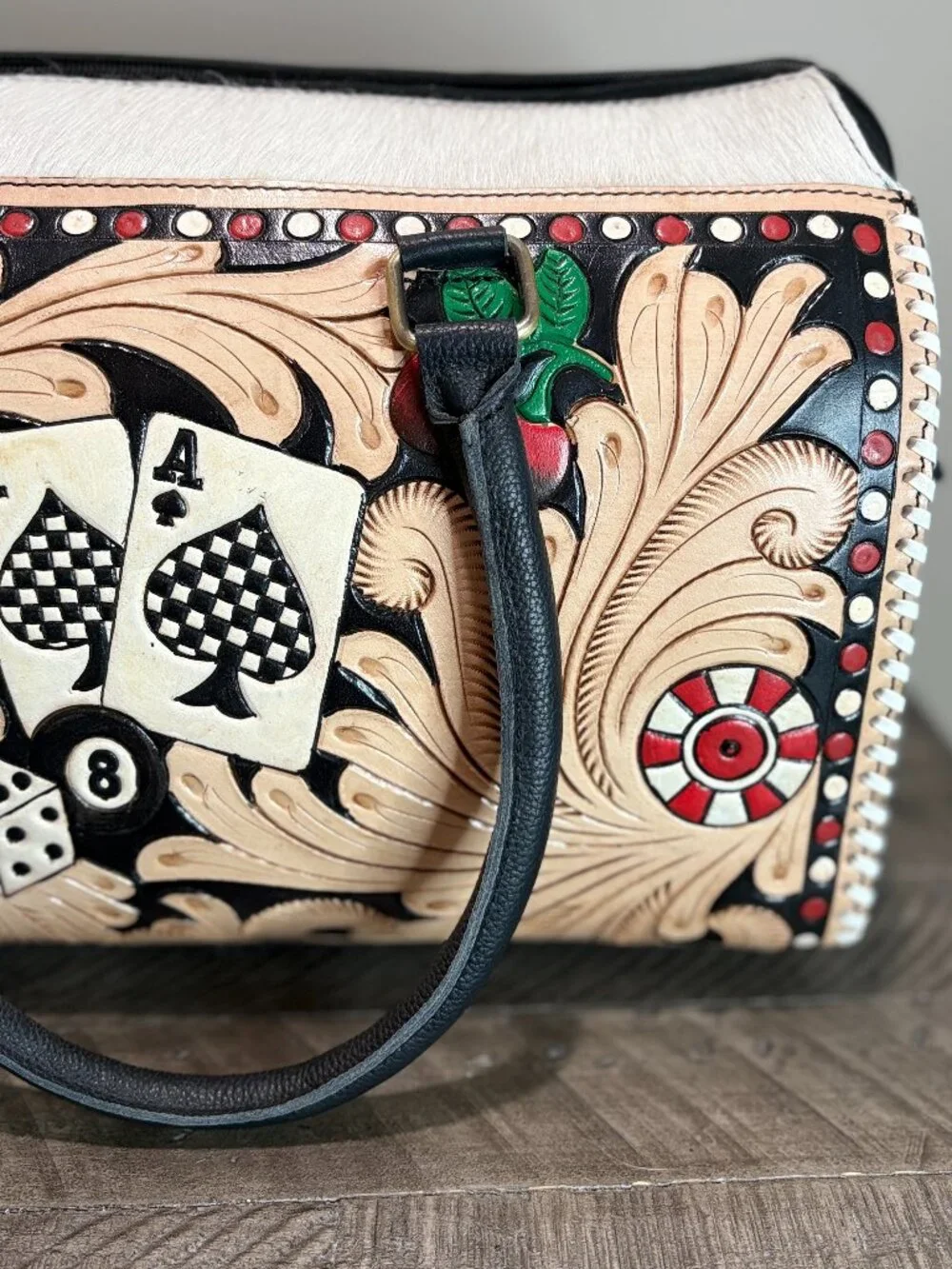 Hand Painted Tooled Leather Large Satchel Barrel Bag Cowhide Leather